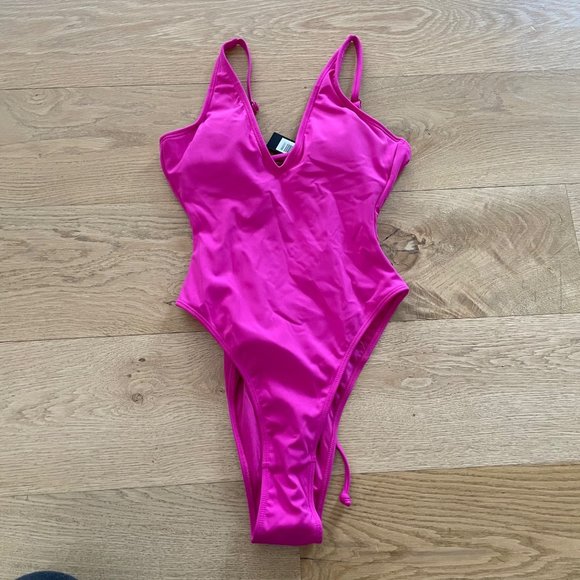 TA3 Swim Ta3 Hi Cut Plungey Lace Up Back One Piece Swimsuit In Hot